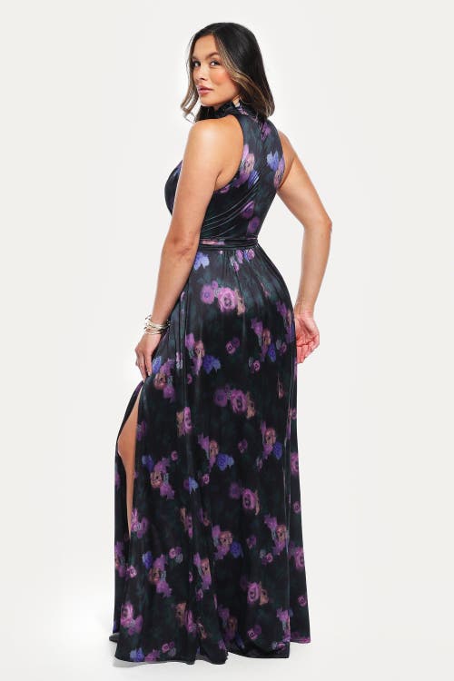 Popilush Draped High Neck Sculpting Floral-print Maxi Dress In Blue
