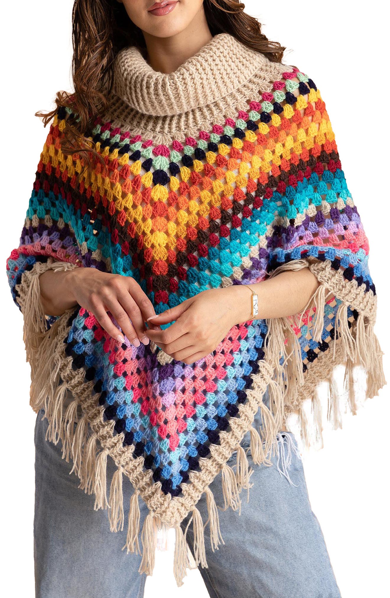 SAACHI Earth to Sky Rainbow Stripe Crochet Poncho