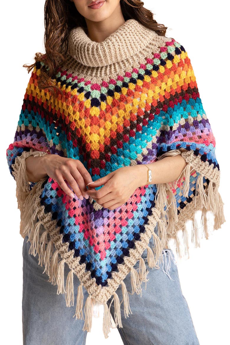 Earth to Sky Rainbow Stripe Crochet Poncho, Main, color, BEIGE