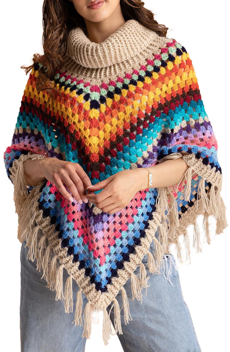 SAACHI Earth to Sky Rainbow Stripe Crochet Poncho, Main, color, Beige