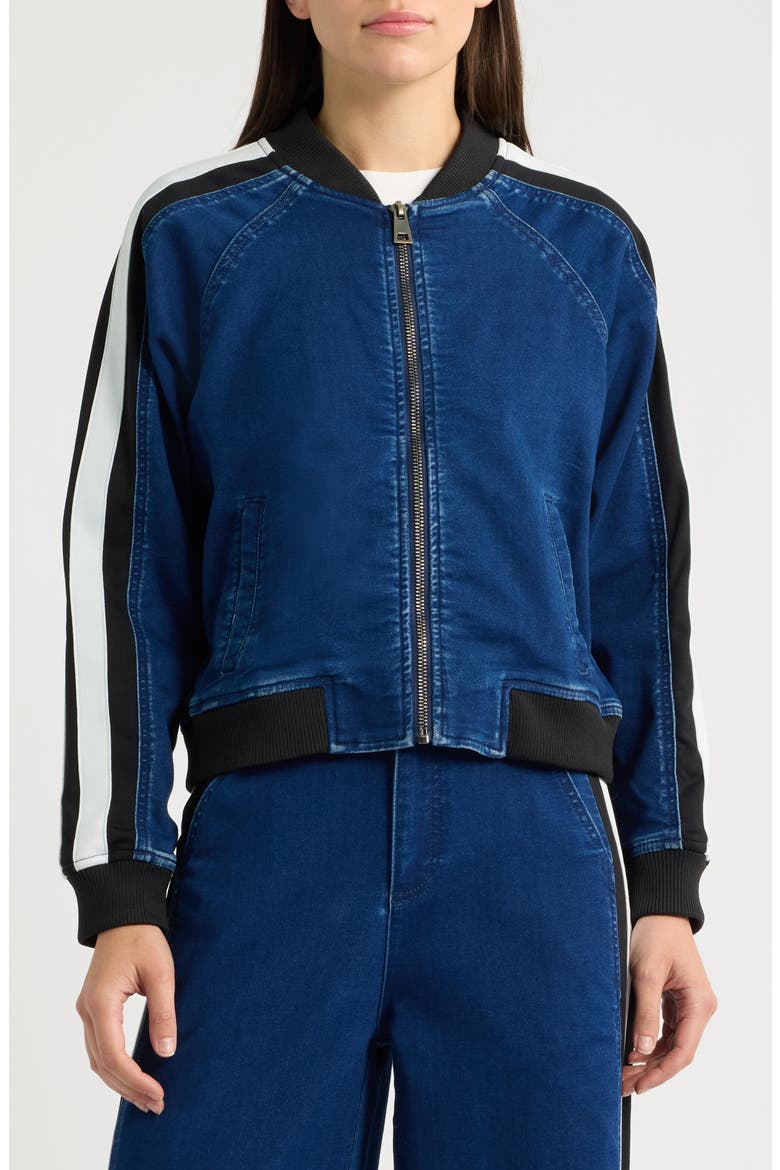 Athletic Stripe Denim Bomber Jacket, Alternate, color, INDIGO