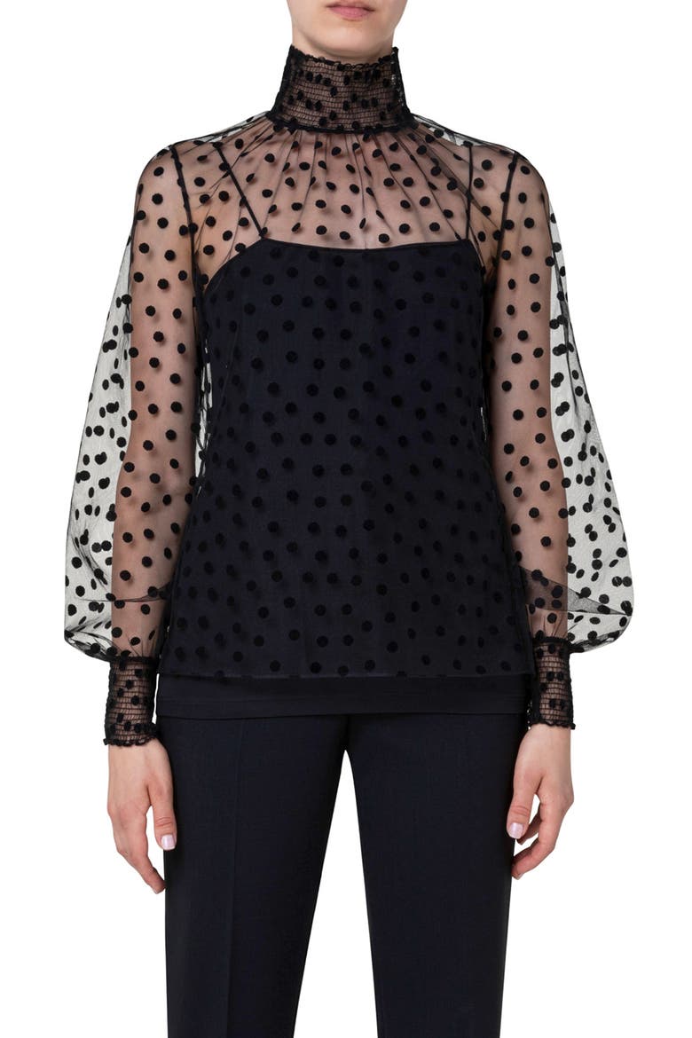 Velvet Polka Dot Tulle Blouse, Main, color, BLACK