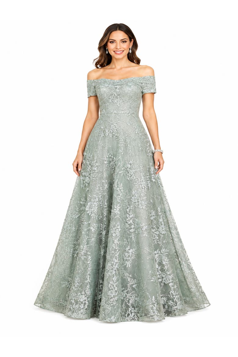 Off Shoulder A-Line Gown, Main, color, Silver Sage