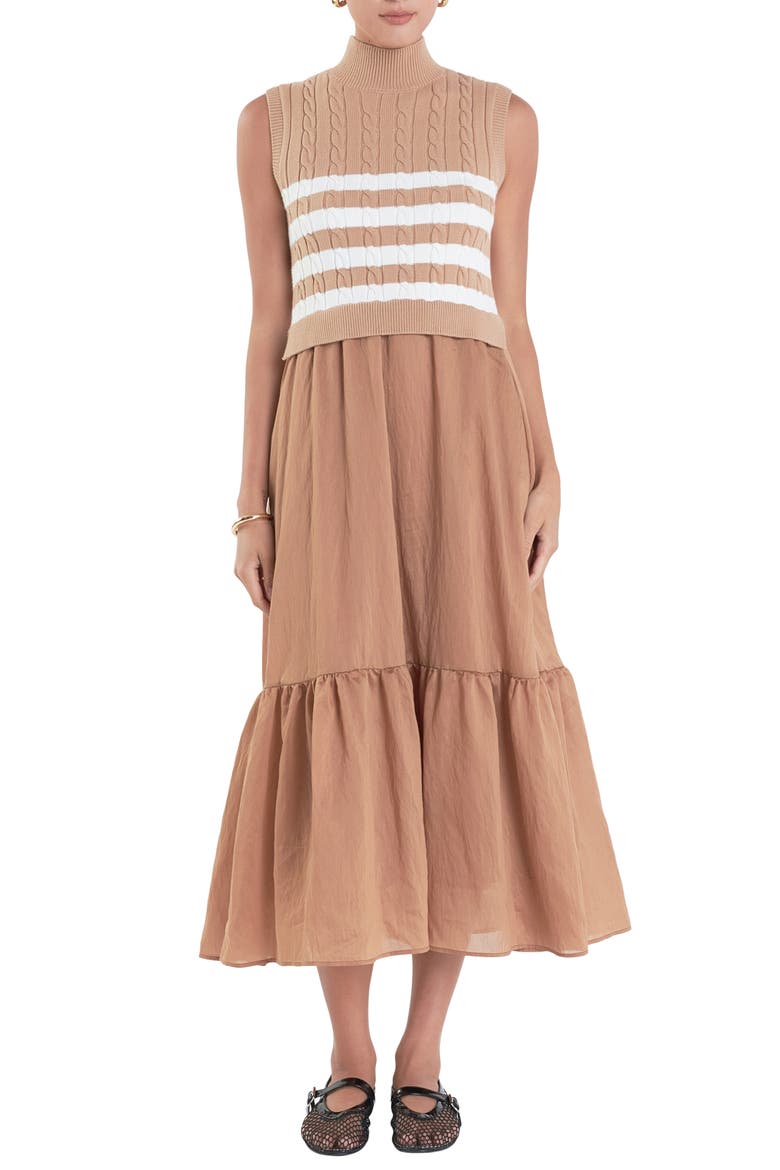 Mixed Media Tiered Midi Dress, Main, color, CAMEL/ WHITE