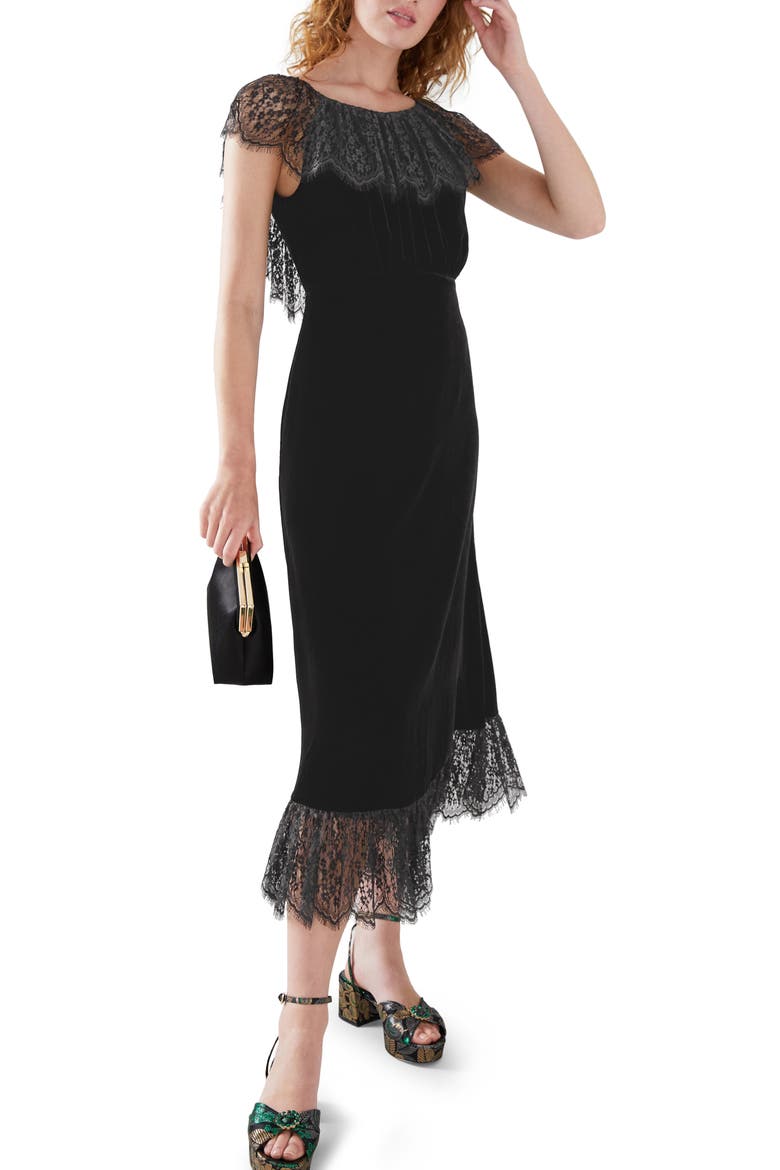 Anouk Lace Trim Velvet Dress, Alternate, color, BLACK