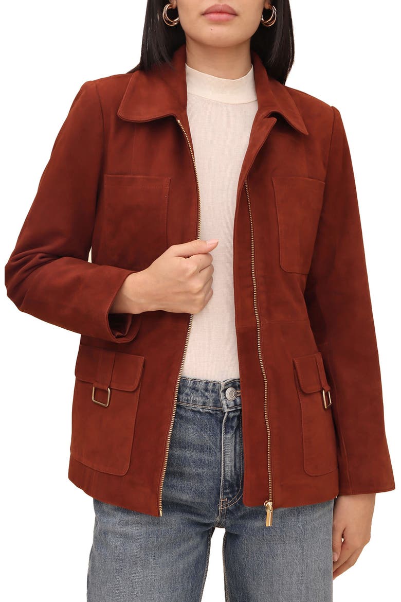 Tie Belt Genuine Suede Utility Jacket, Alternate, color, BRICK