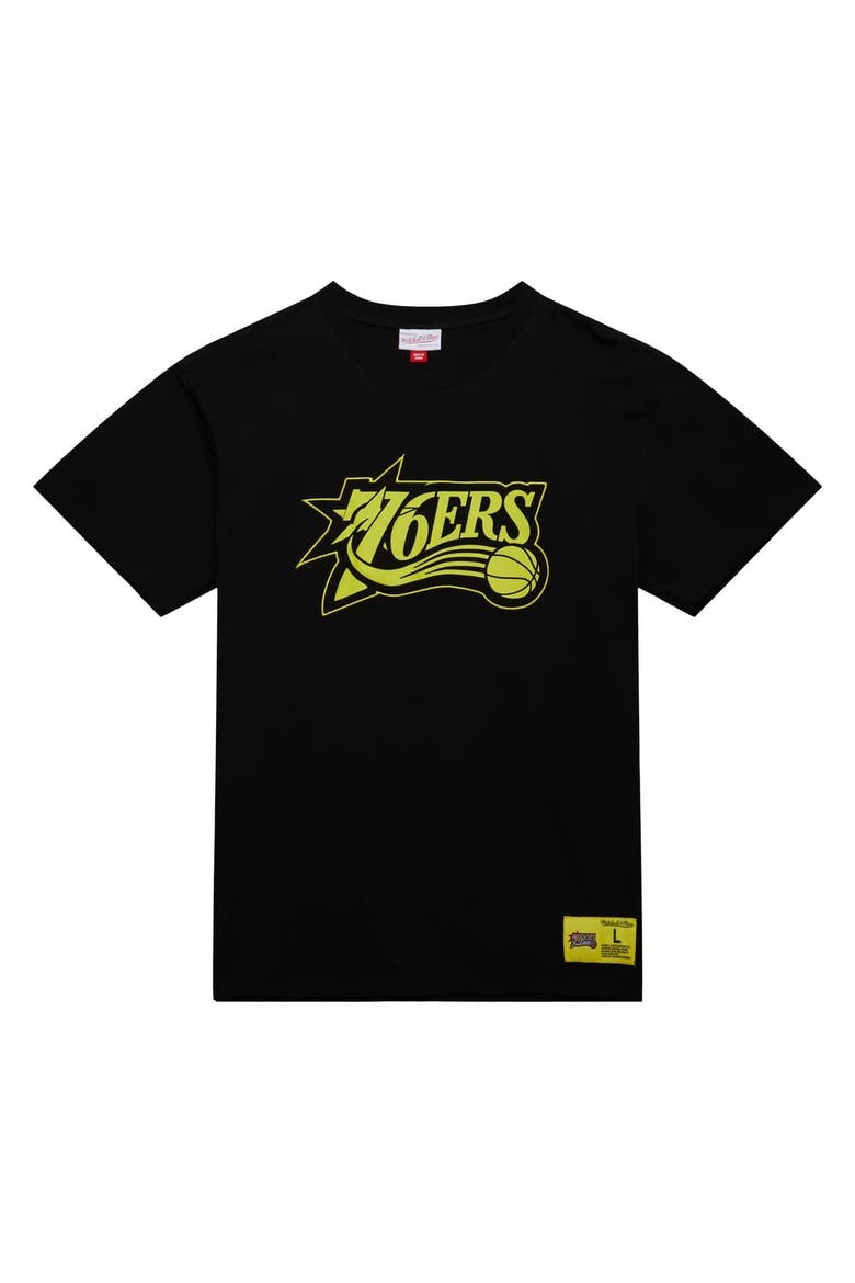 Men's Mitchell & Ness Black Philadelphia 76ers Hardwood Classics Neon Nights Premium T-Shirt, Alternate, color, Black