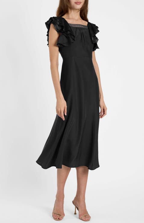 Yeda Fit and Flare Midi Dress in Silk Crepe de Chine