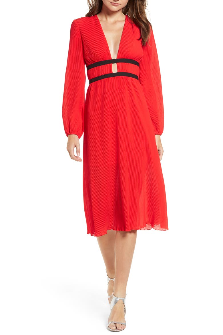 Patton Plunge Plissé Dress, Main, color, FIRE RED