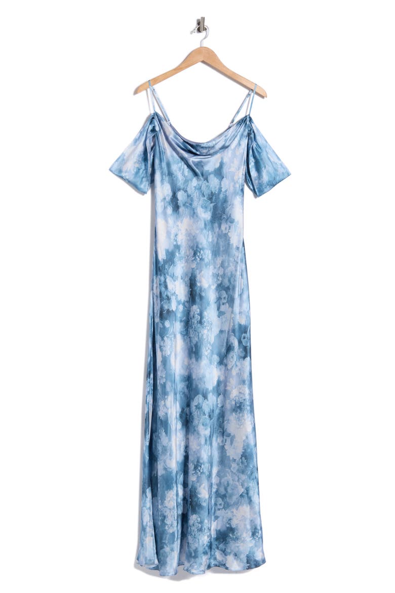 Kenna Cold Shoulder Cowl Neck Satin Dress, Main, color, DUSTY BLUE MULTI CLOUD