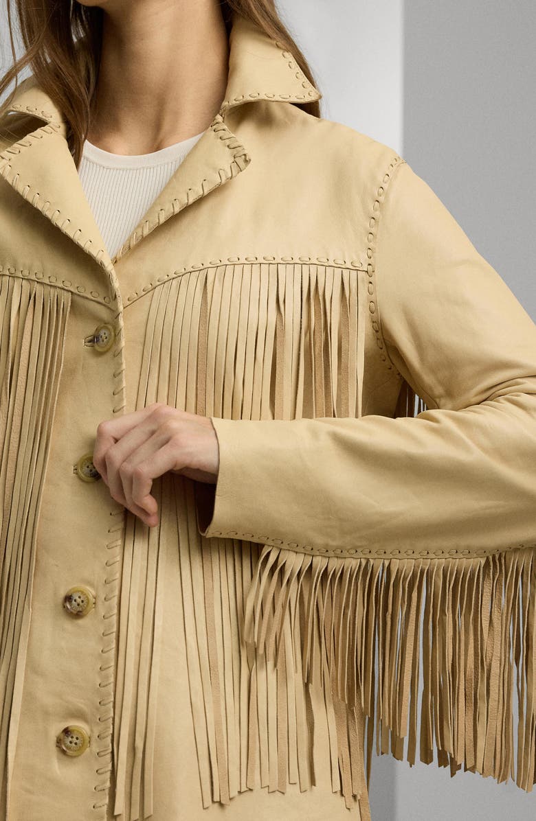 Lauren Ralph Lauren Fringe Trim Lambskin Leather Shirt Jacket, Alternate, color, 