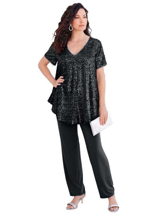 Extended Plus Size 2 Piece S/S Sequin Top And Pant Set