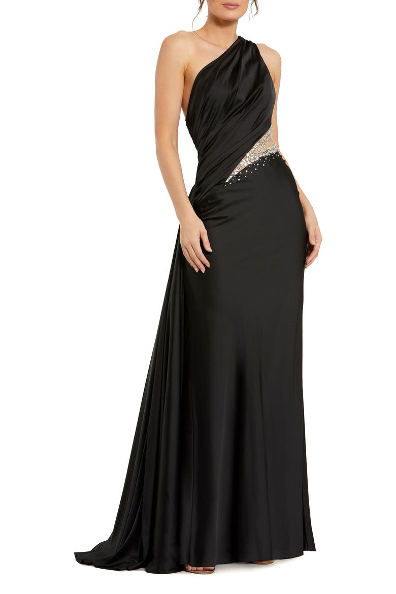 One Shoulder Charmeuse Gown With Beaded Cutout, Main, color, Black