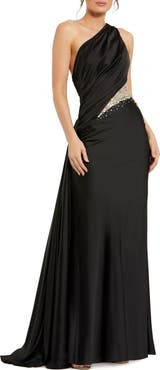 Mac Duggal One Shoulder Charmeuse Gown With Beaded Cutout