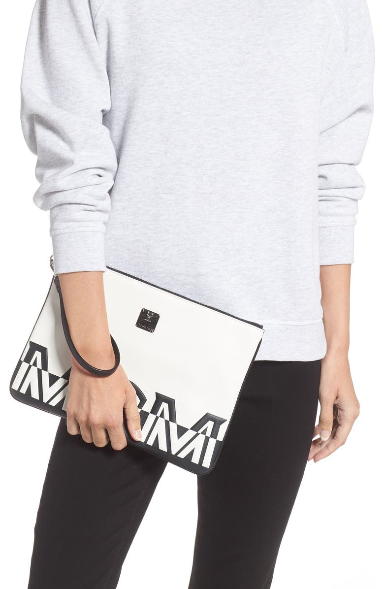 MCM Medium Contrast Logo Leather Pouch, Alternate, color,