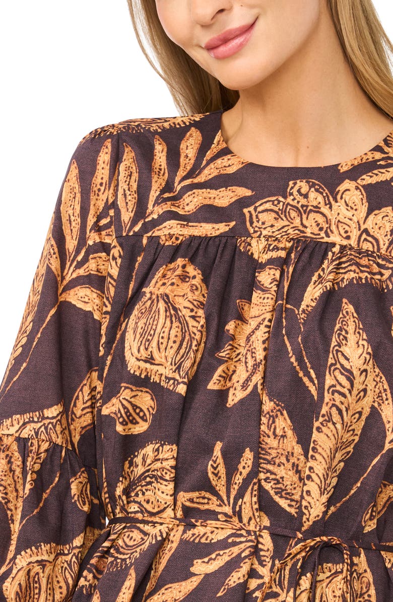 Halogen<sup>®</sup> Volume Long Sleeve Tie Waist Cotton Dress, Alternate, color, Rum Raisin