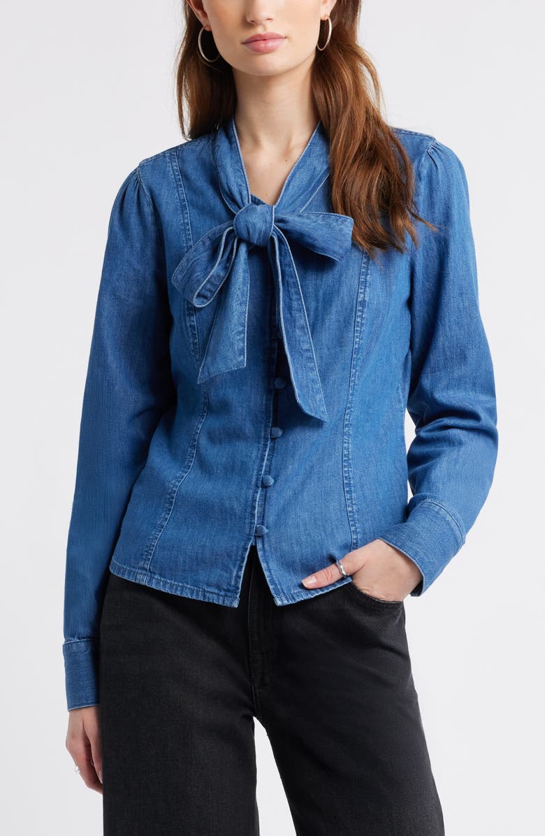 Treasure & Bond Pussybow Chambray Shirt, Main, color, Medium Wash