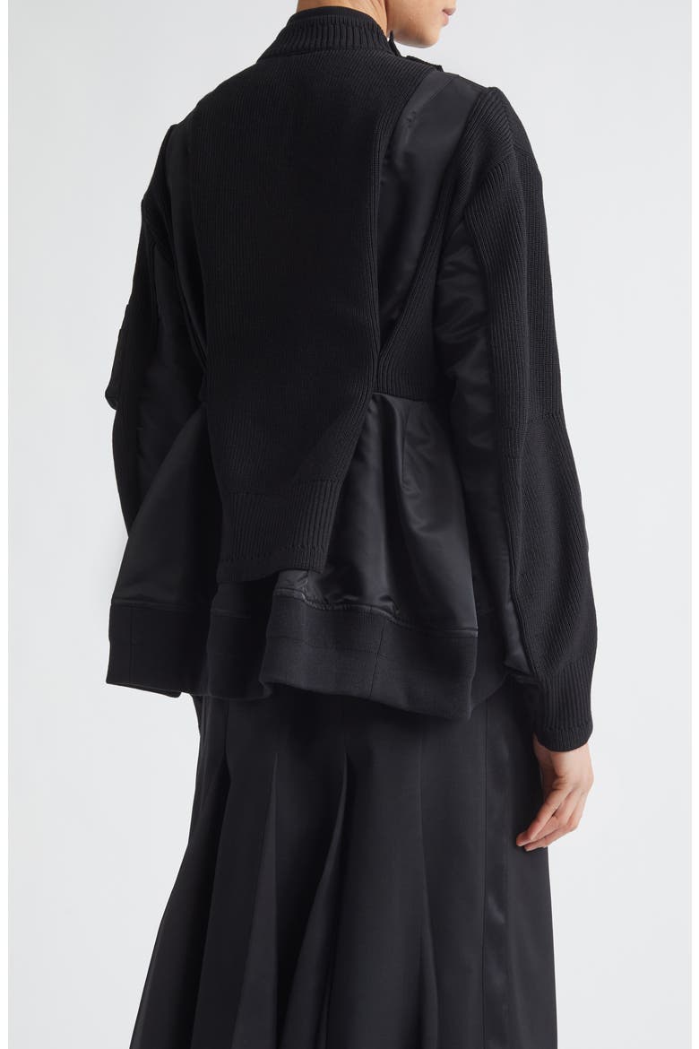 Mixed Media Bomber Jacket with Sweater Bib Overlay, Alternate, color, BLACK
