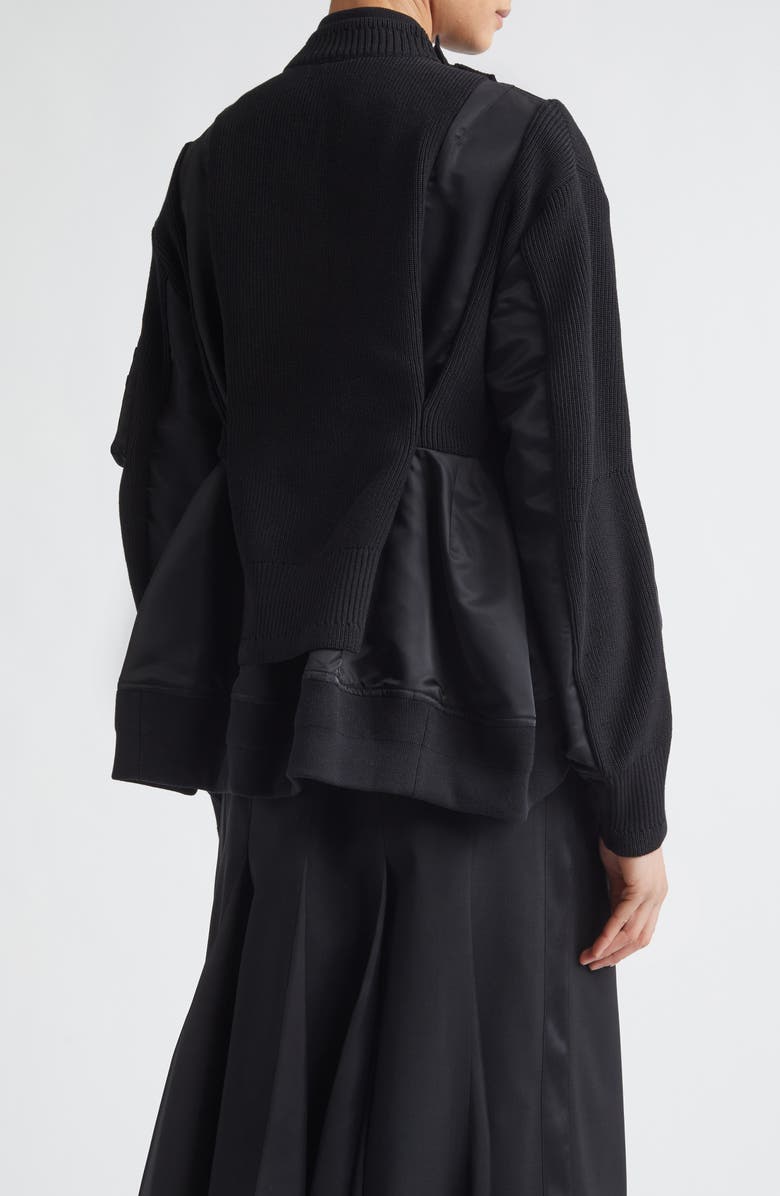 Sacai Mixed Media Bomber Jacket with Sweater Bib Overlay, Alternate, color, Black