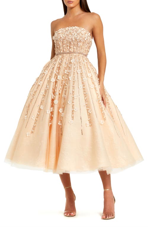Mac Duggal Embellished Lace Strapless Midi A Line Dress In Champagne