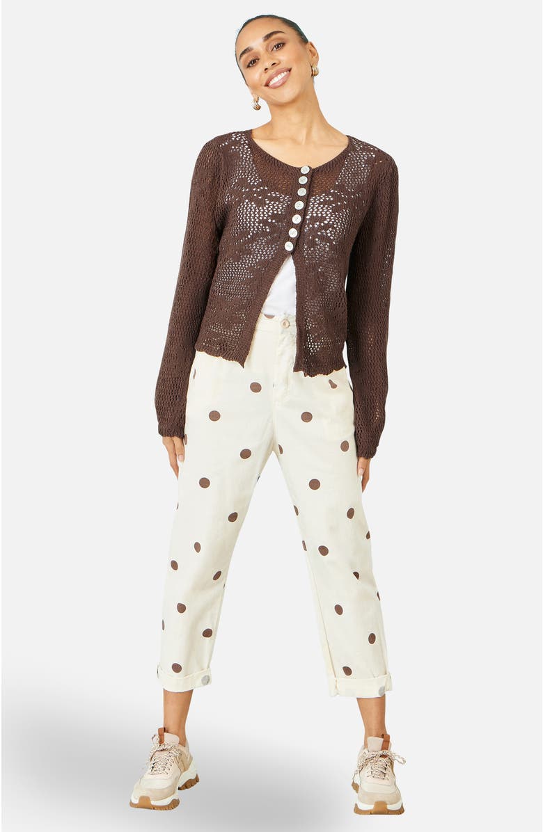 Yumi Flower Crochet Button Up Cardigan, Alternate, color, Brown