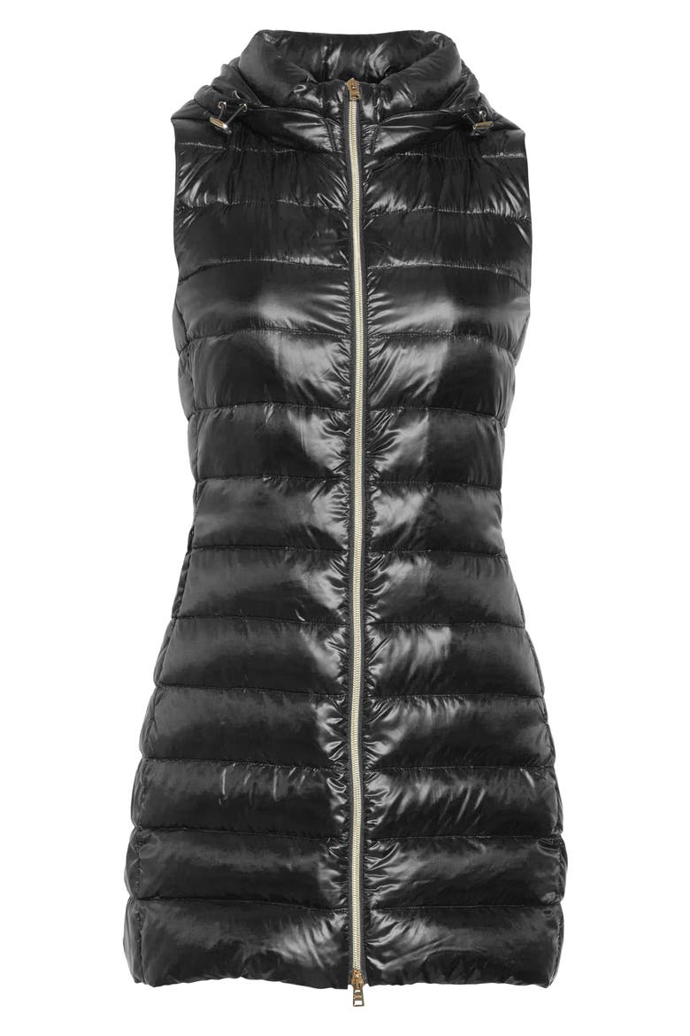 Long Fitted Down Puffer Vest with Removable Hood, Alternate, color, BLACK