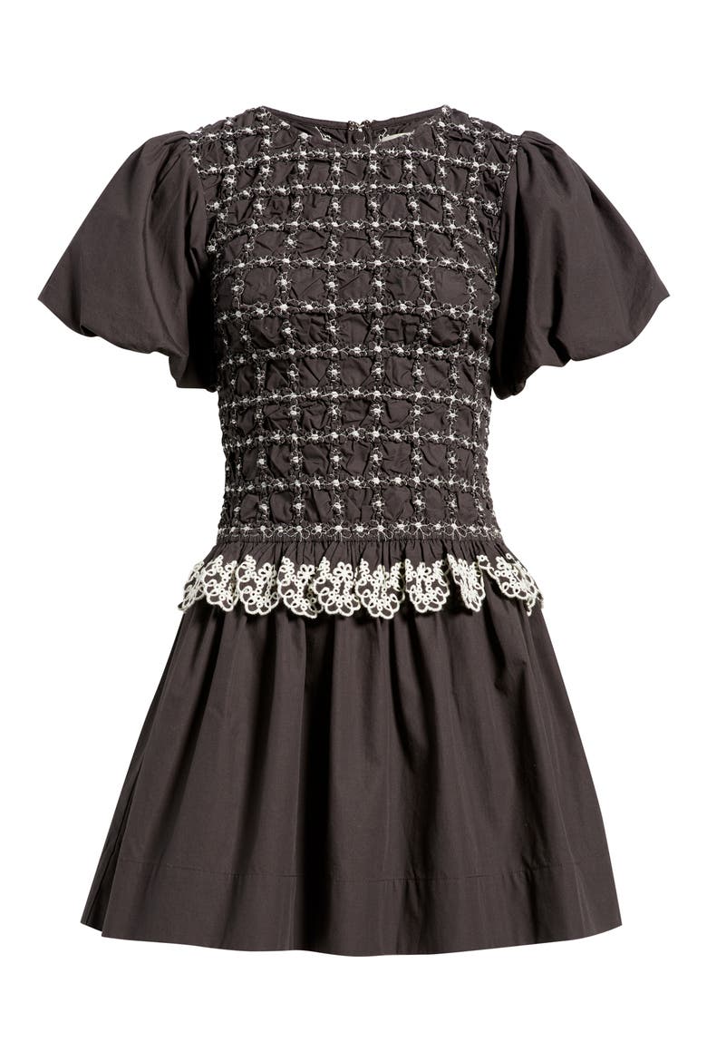 Audrey Smocked Puff Sleeve Organic Cotton Minidress, Alternate, color, BLACK