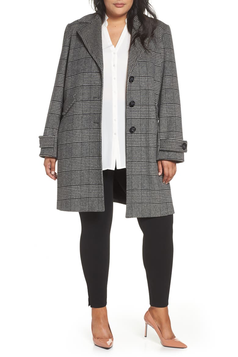 Plaid Mix Wool Blend Coat, Main, color, BLACK- IVORY PLAID