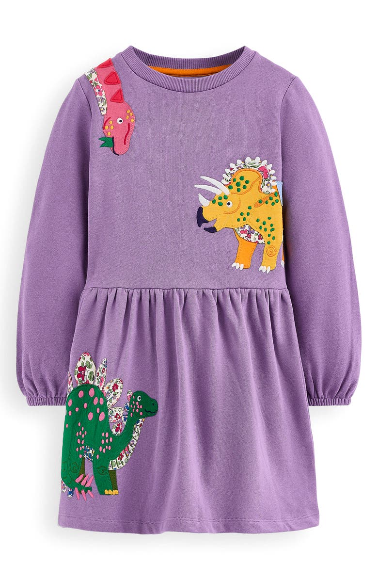 Mini Boden Kids' Dinosaur Appliqué Long Sleeve Cotton Sweatshirt Dress, Main, color, Aster Purple Dinosaurs