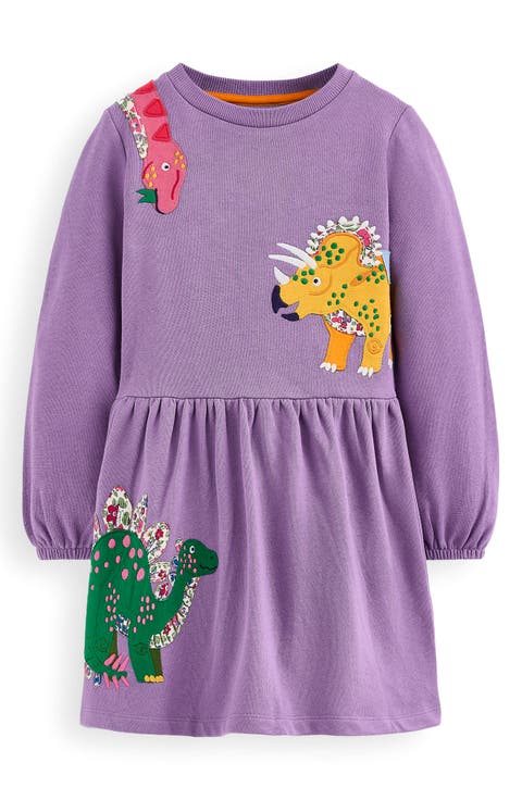 Kids' Dinosaur Appliqué Long Sleeve Cotton Sweatshirt Dress (Toddler, Little Kid & Big Kid)