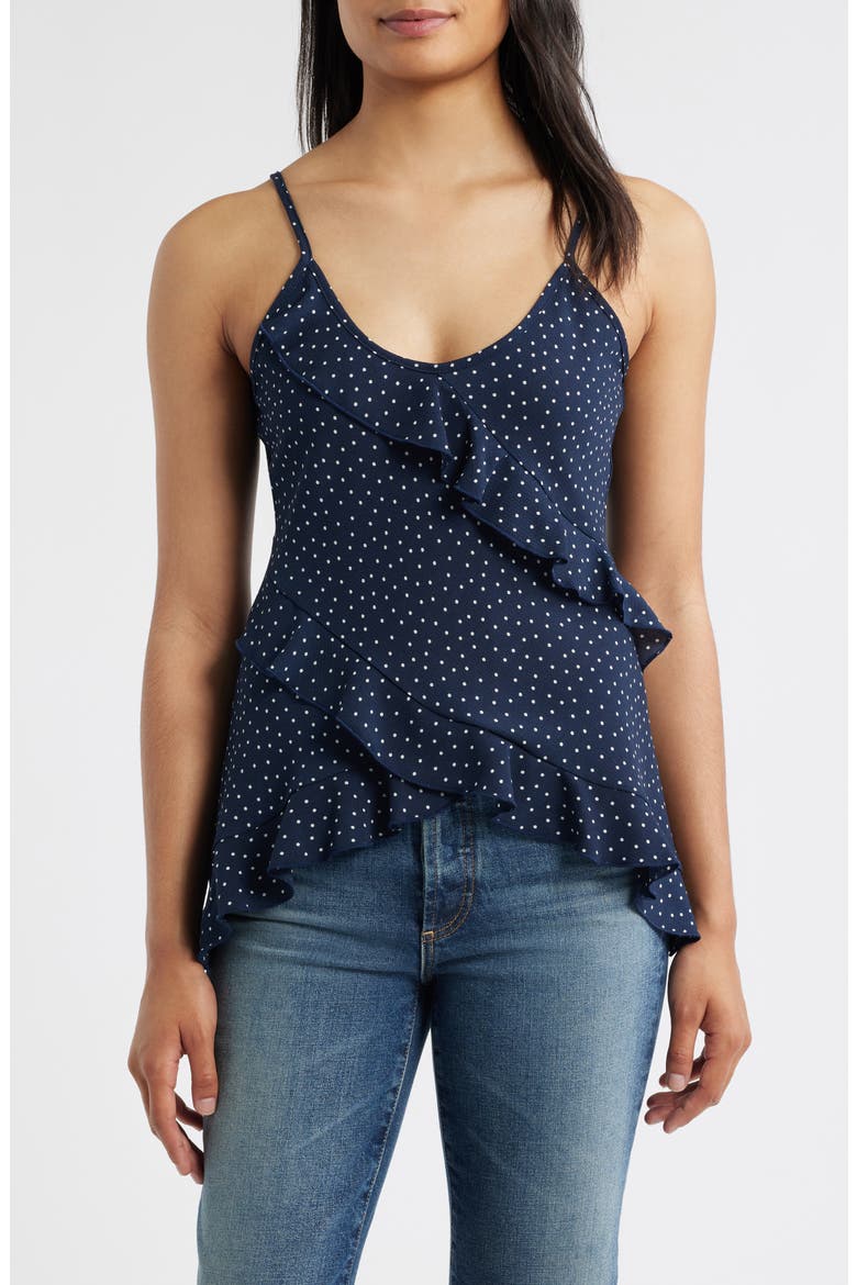 Polka Dot Ruffle Crepe Camisole, Main, color, NAVY