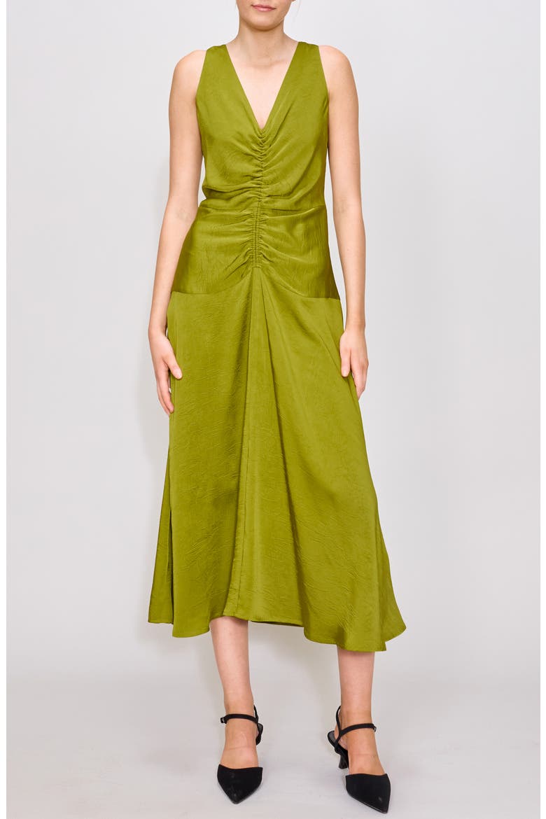 Ruched Drop Waist Satin Midi Dress, Main, color, OLIVE