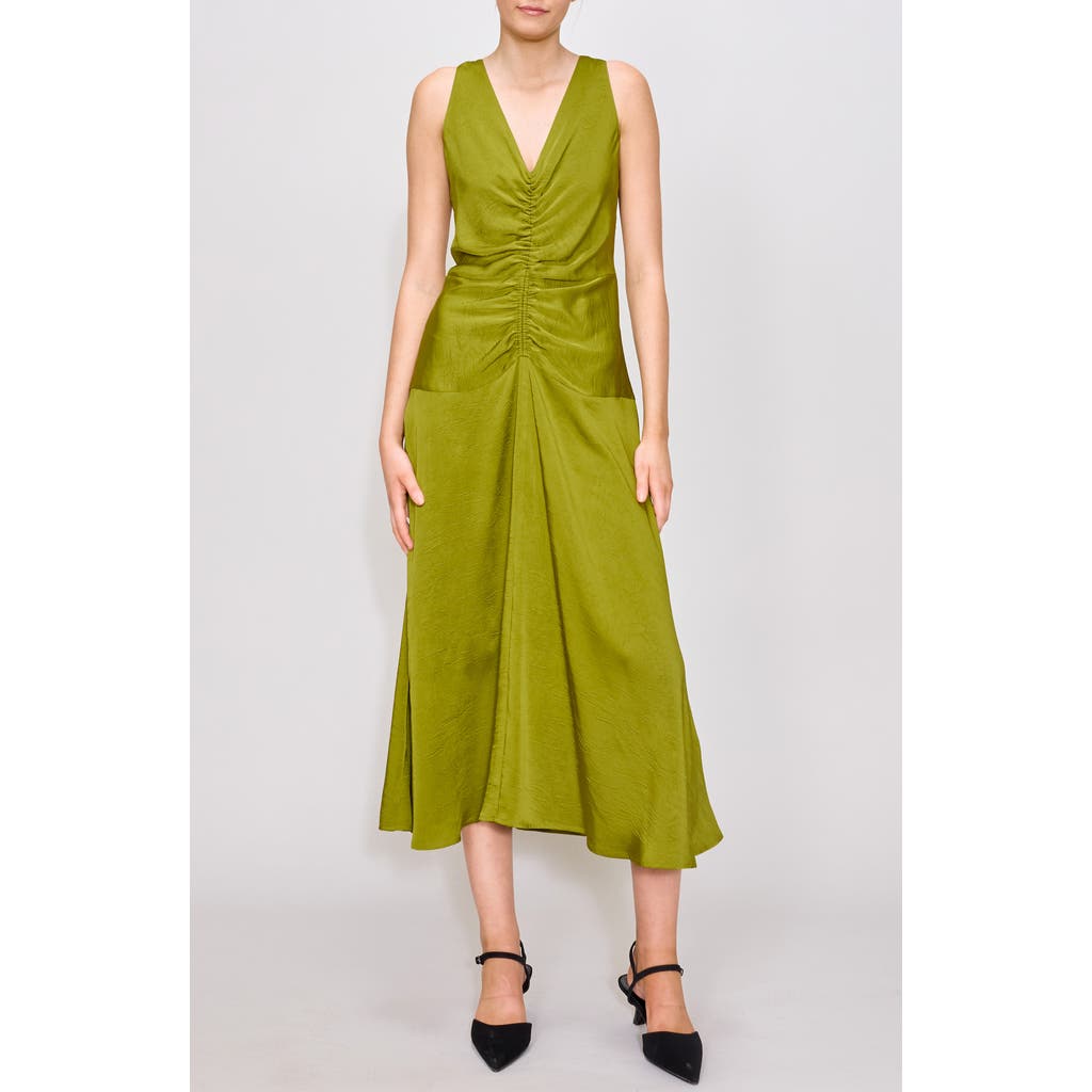 MELLODAY Ruched Drop Waist Satin Midi Dress in Olive