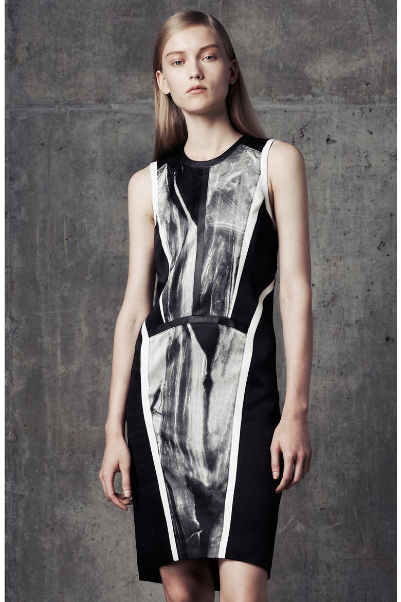 Sleeveless Paneled Print Silk Dress, Alternate, color, SILVER