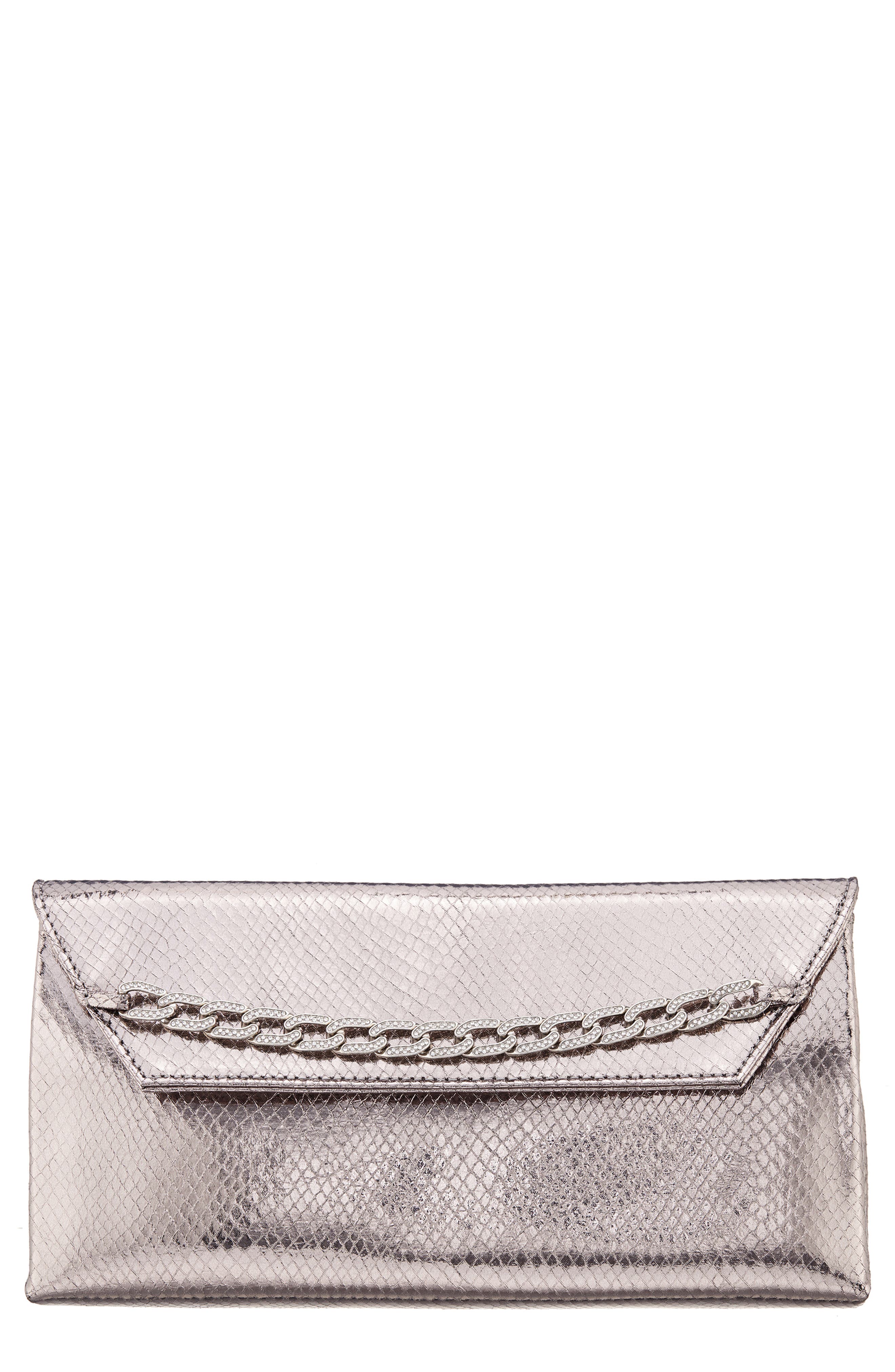 Nina Metallic Snake Embossed Flap Bag, Main, color, Silver