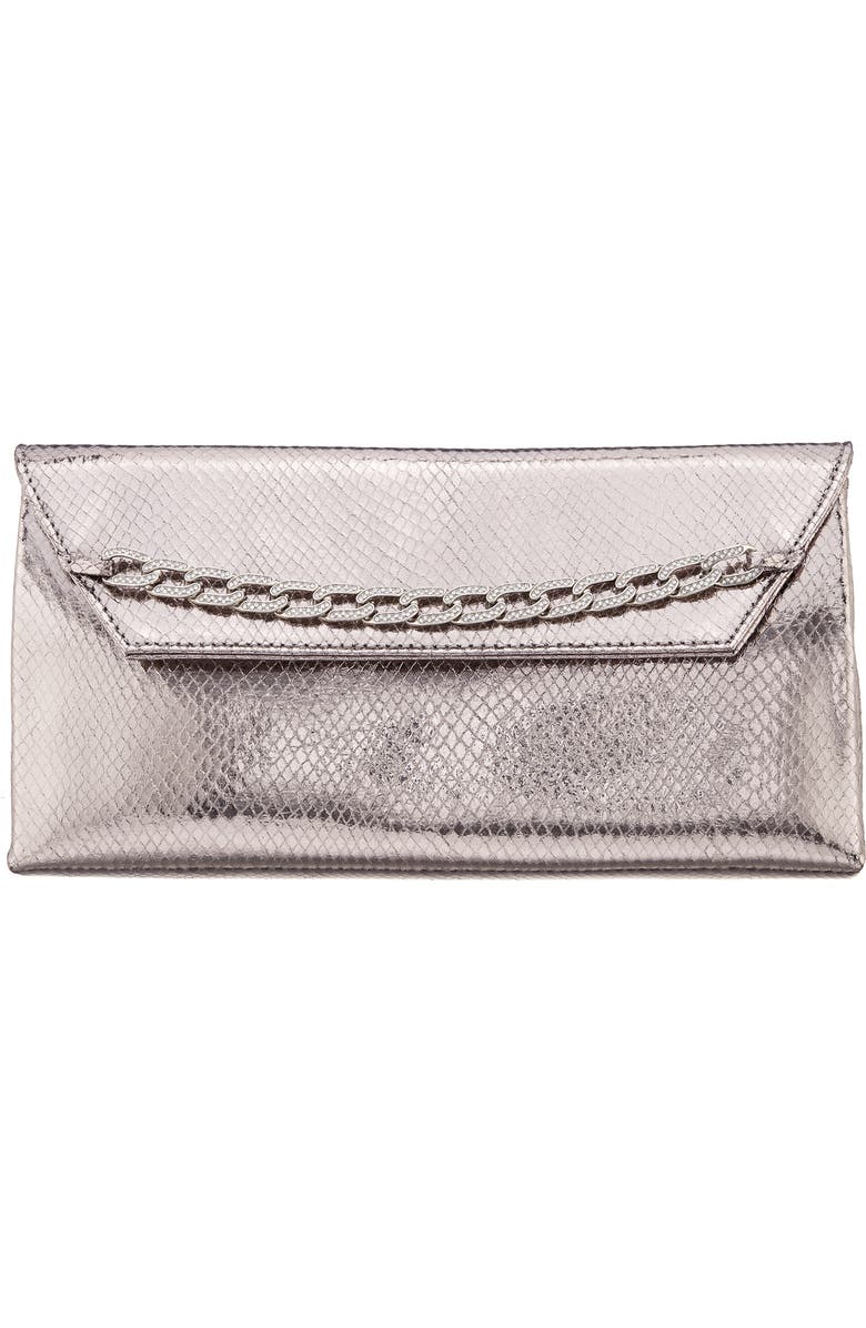 Nina Metallic Snake Embossed Flap Bag, Main, color, Silver