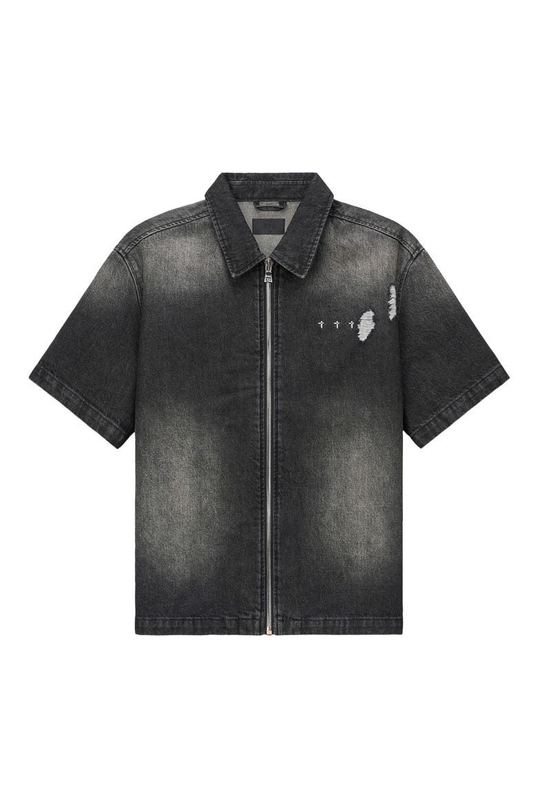 Zeno Distressed Short Sleeve Denim Zip Shirt, Main, color, FRAY NOIR