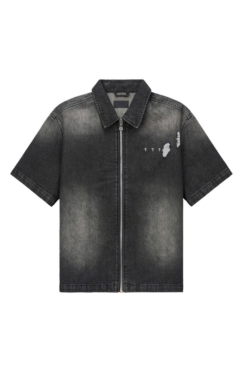 RtA Zeno Distressed Short Sleeve Denim Zip Shirt, Main, color, Fray Noir