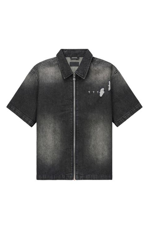 Zeno Distressed Short Sleeve Denim Zip Shirt