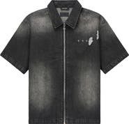 RtA Zeno Distressed Short Sleeve Denim Zip Shirt