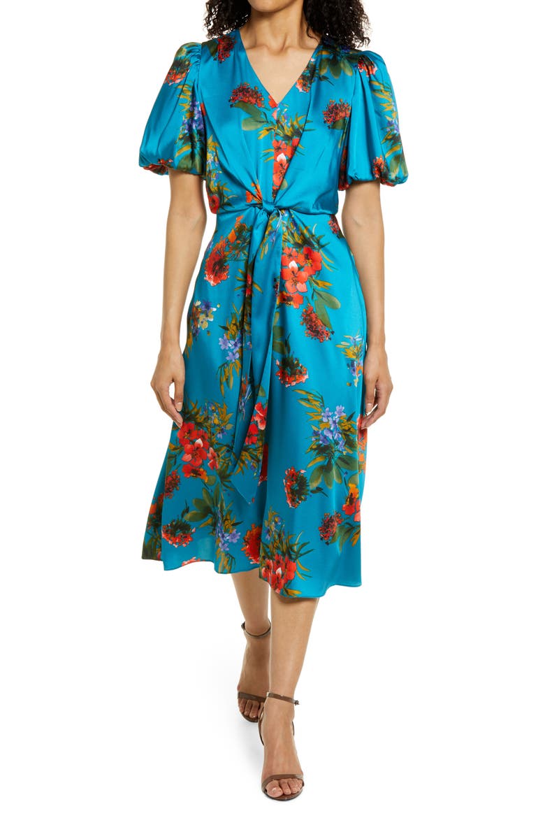Floral Tie Waist A-Line Midi Dress, Main, color, TEAL MULTI