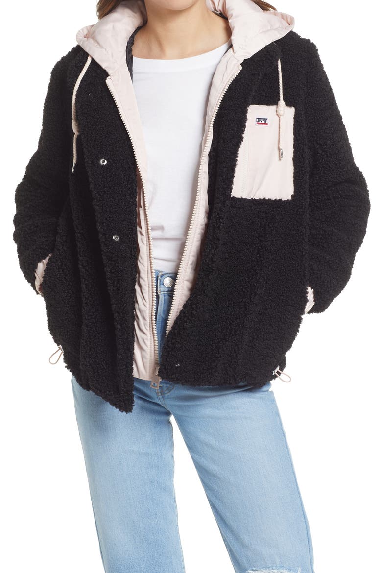 Levi's® High Pile Fleece Hooded Zip Jacket, Main, color, BLACK
