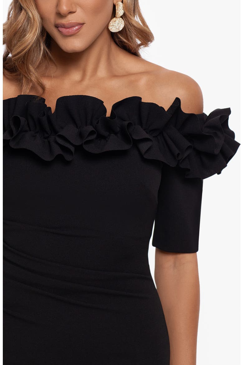 Ruffle Off the Shoulder Crepe Column Gown, Alternate, color, BLACK