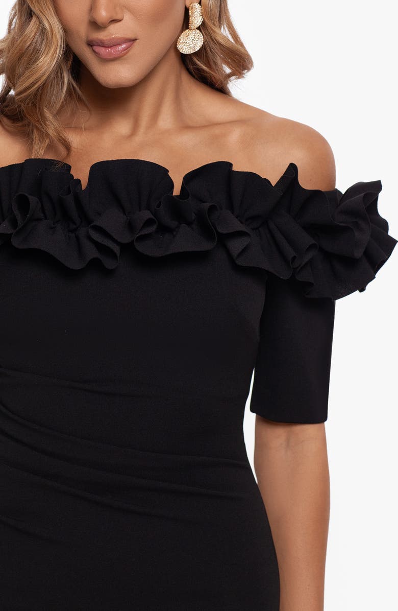 Xscape Evenings Ruffle Off the Shoulder Crepe Column Gown, Alternate, color, Black