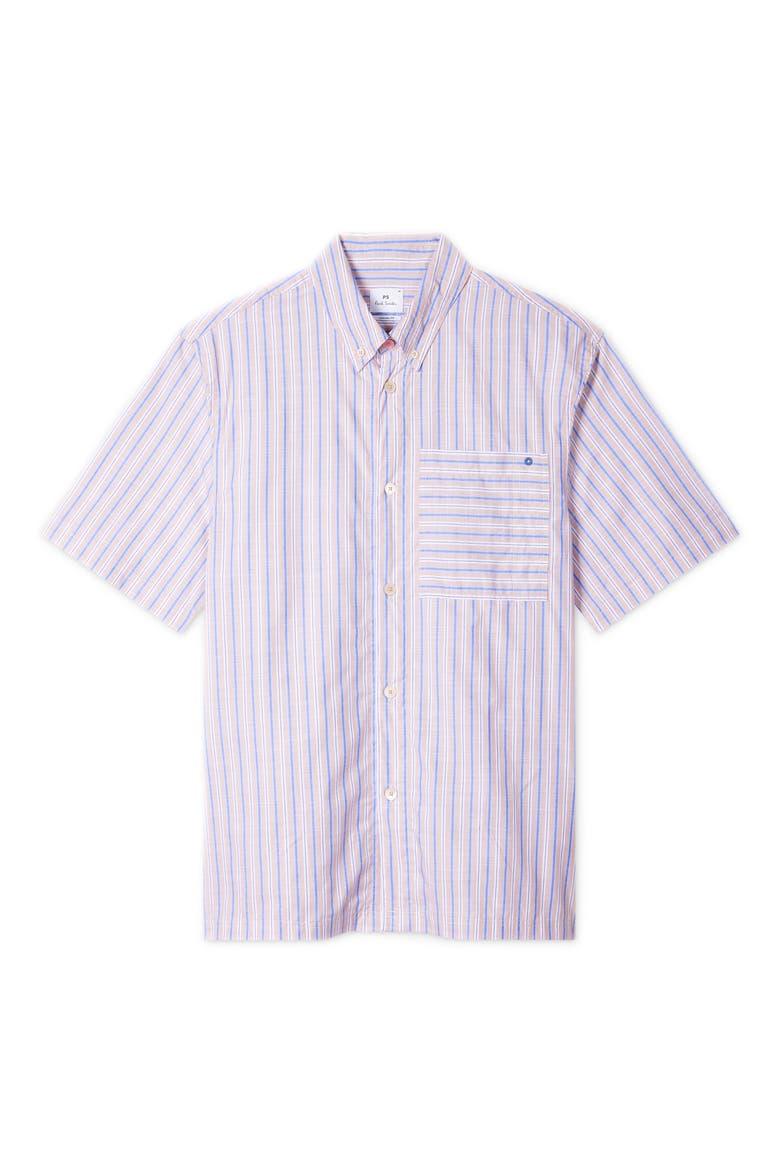Casual Fit Stripe Cotton Camp Shirt, Main, color, MEDIUM BEIGE