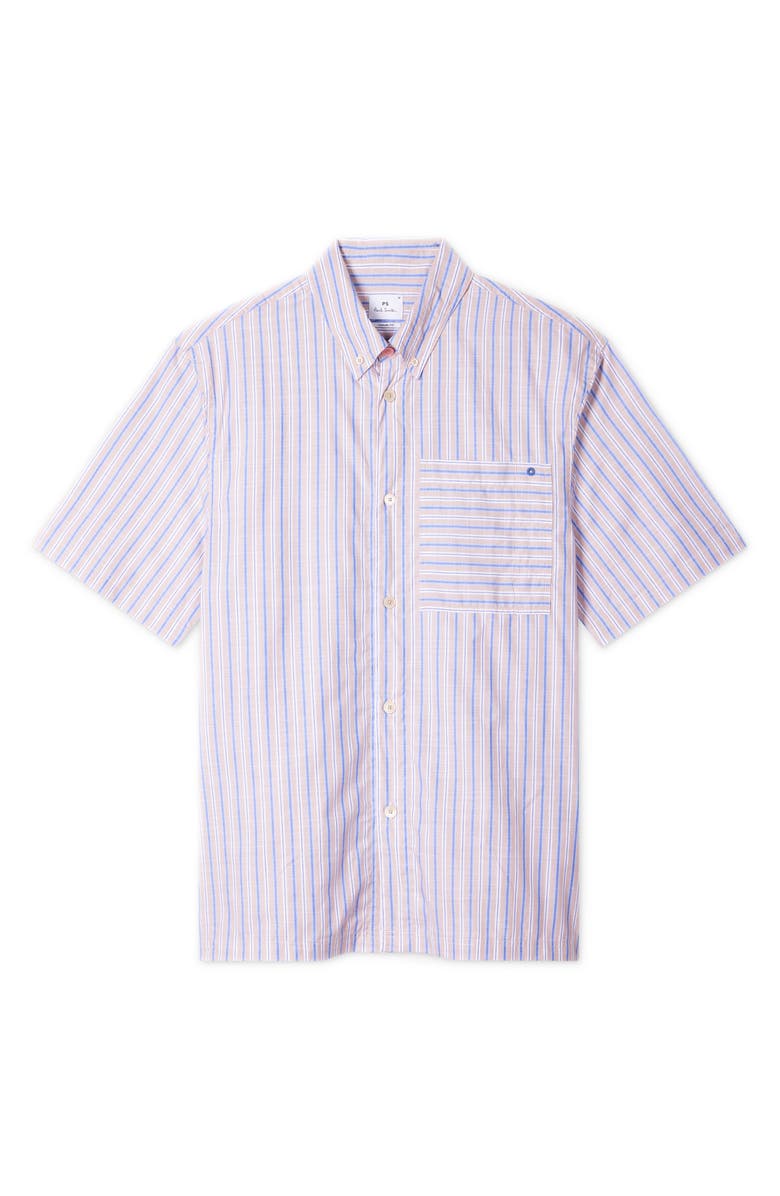 PS Paul Smith Casual Fit Stripe Cotton Camp Shirt, Main, color, Medium Beige