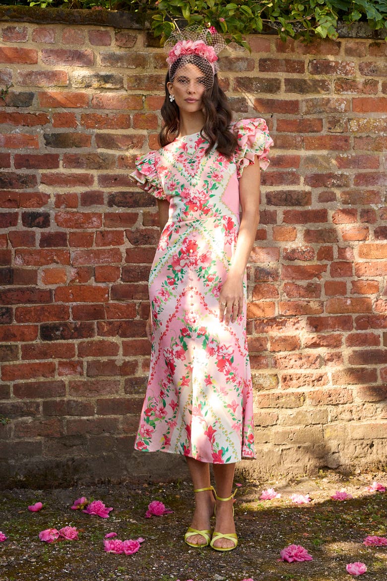 Lisa Printed Ruffle Hem Midi Dress, Alternate, color, Pink