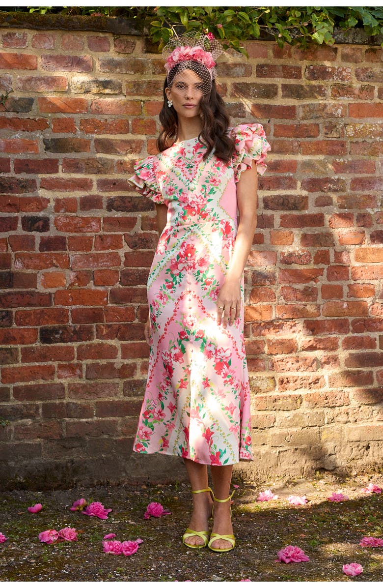 Coast Lisa Printed Ruffle Hem Midi Dress, Alternate, color, Pink