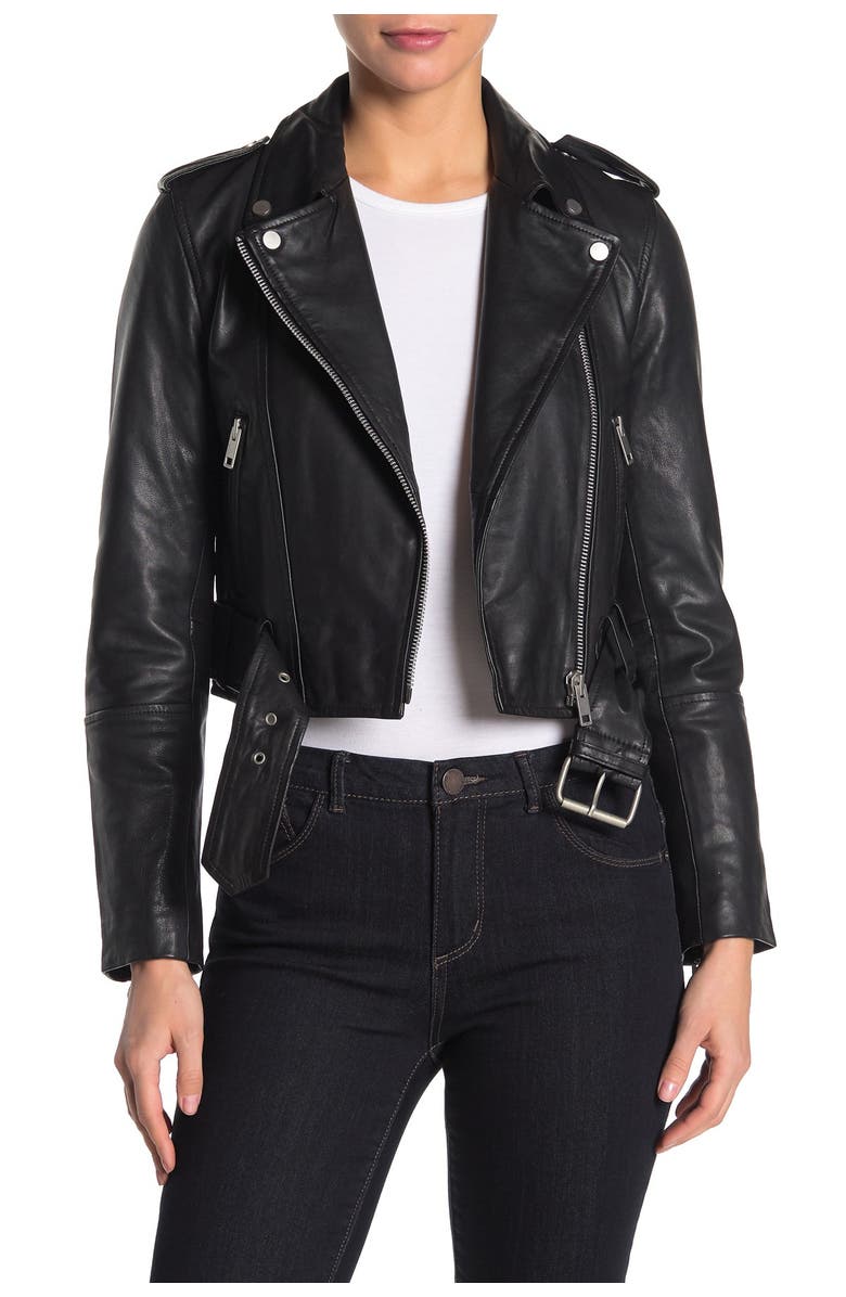 Avec Les Filles Leather Belted Cropped Biker Jacket, Main, color, 