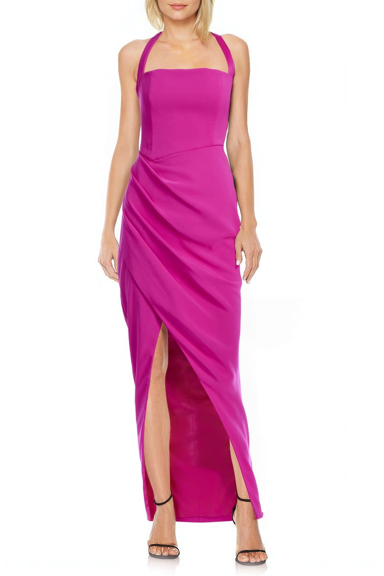 Halter Side Ruched Column Gown, Main, color, HOT PINK
